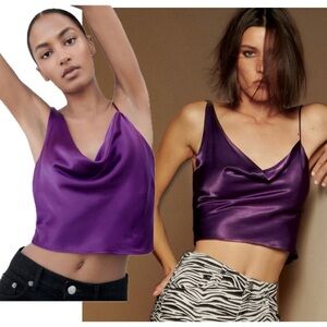 Zara Women Vibrant Purple Satin asymmetrical draped cowl neck camisole Tank Top